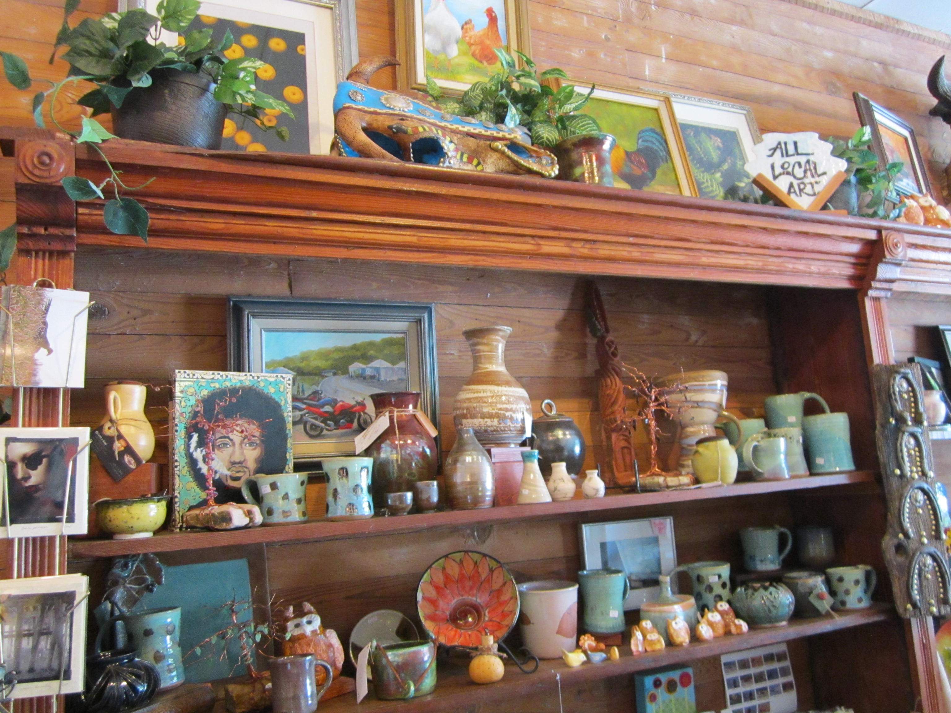 Items on a shelf at Makanda Art Gallery