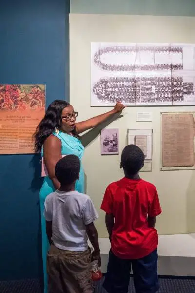 Woman showing the kids pictures on the wall