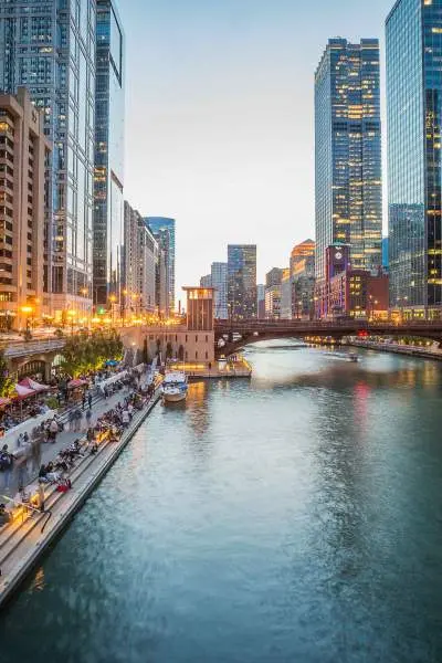 A city with big buildings and a river running through it